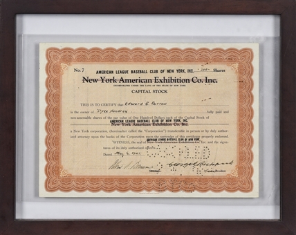 1941 American League New York Yankees Stock Certificate Signed By Ed Barrow(HOF 1953) & George Ruppert (PSA/DNA)